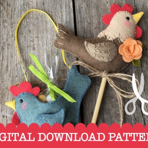 Gallinas Felices - Patrón de costura en PDF de descarga digital instantánea para crear dos adorables gallinas de fieltro decorativas