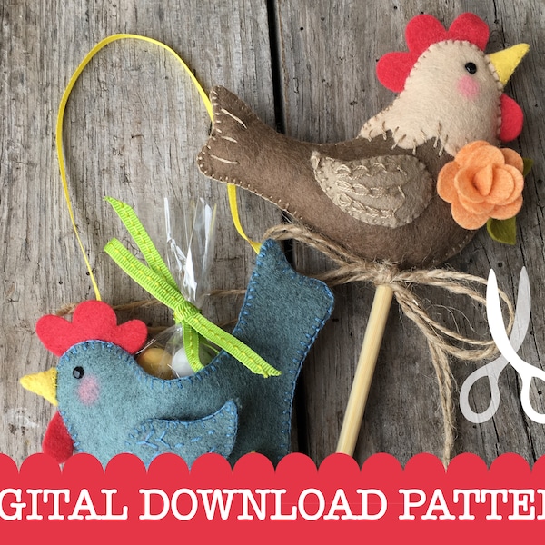 Happy Hens - An Instant Digital Download PDF Sewing Pattern to make two cute felt hen decorations