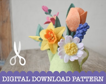 Spring Blooms - PDF and SVG Digital Download sewing pattern to make a felt jug filled with Spring felt flowers