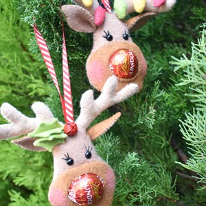 Puede incluir: Dos adornos de reno de fieltro con cinta roja y blanca a rayas y una hoja de fieltro verde. Cada reno tiene una trufa de chocolate Lindor como nariz.