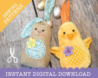 Tie Ear Eaggies: A PDF digital download sewing pattern to make a cute chick and bunny Easter egg bags. Easter gifts, Easter Sewing.