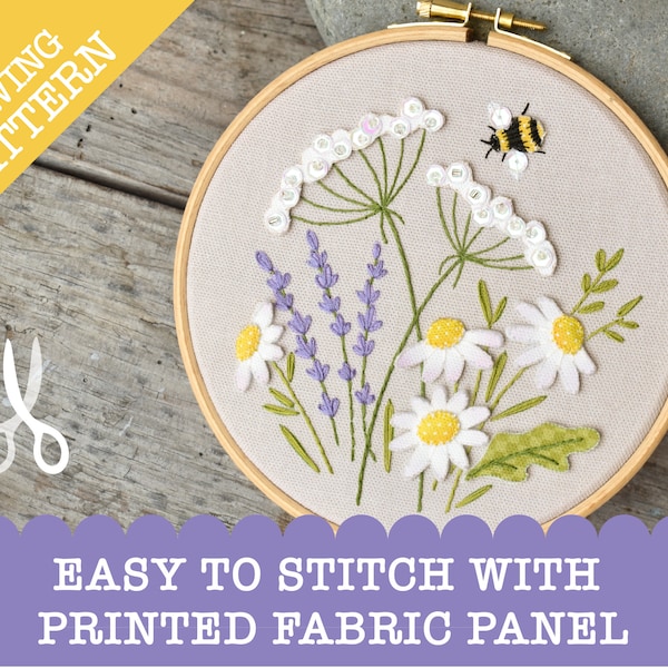 Wildflower Meadow Hoop  - Stitch a simple wildflower scene | Pattern and Panel only | Easy Embroidery | Easy Applique | Printed Panel
