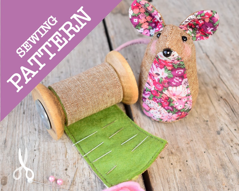 A cute sewing pattern featuring a needle roll and pincushion an ideal handmade gift. Liberty fabric and Essex linen Pinnie Mouse