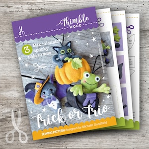 Halloween Felt Sewing Pattern - Trick or Trio | Garland Decorations | DIY Craft | Stitch a Cat, Bat and Frog