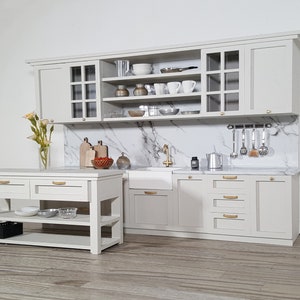 White Shaker Washstand with White Fish Scale Floor Tiles