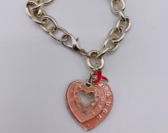 Silver tone metal bracelet Silver bracelet and pink hearts pendant Vintage bracelet