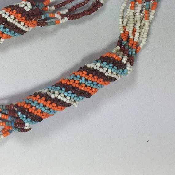 Necklace orange brown white blue seed bead Women … - image 3