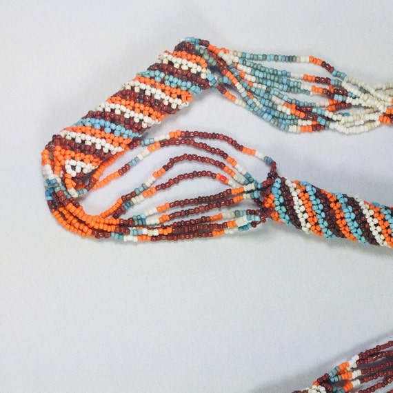 Necklace orange brown white blue seed bead Women … - image 7