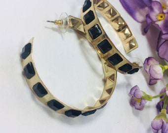 Round hooped earrings Vintage earrings Black /crystal hoop earrings Gold tone metal hoop Retro earrings Hoop Earrings Circle Earrings