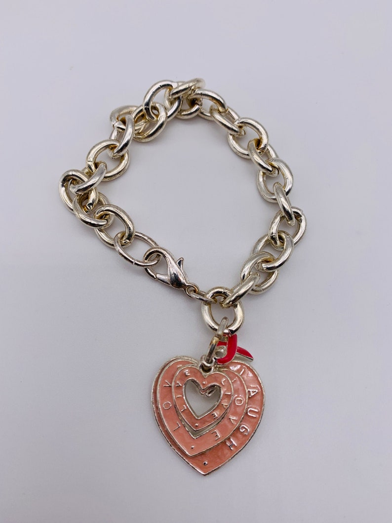 Silver tone metal bracelet Silver bracelet and pink hearts pendant Vintage bracelet image 1