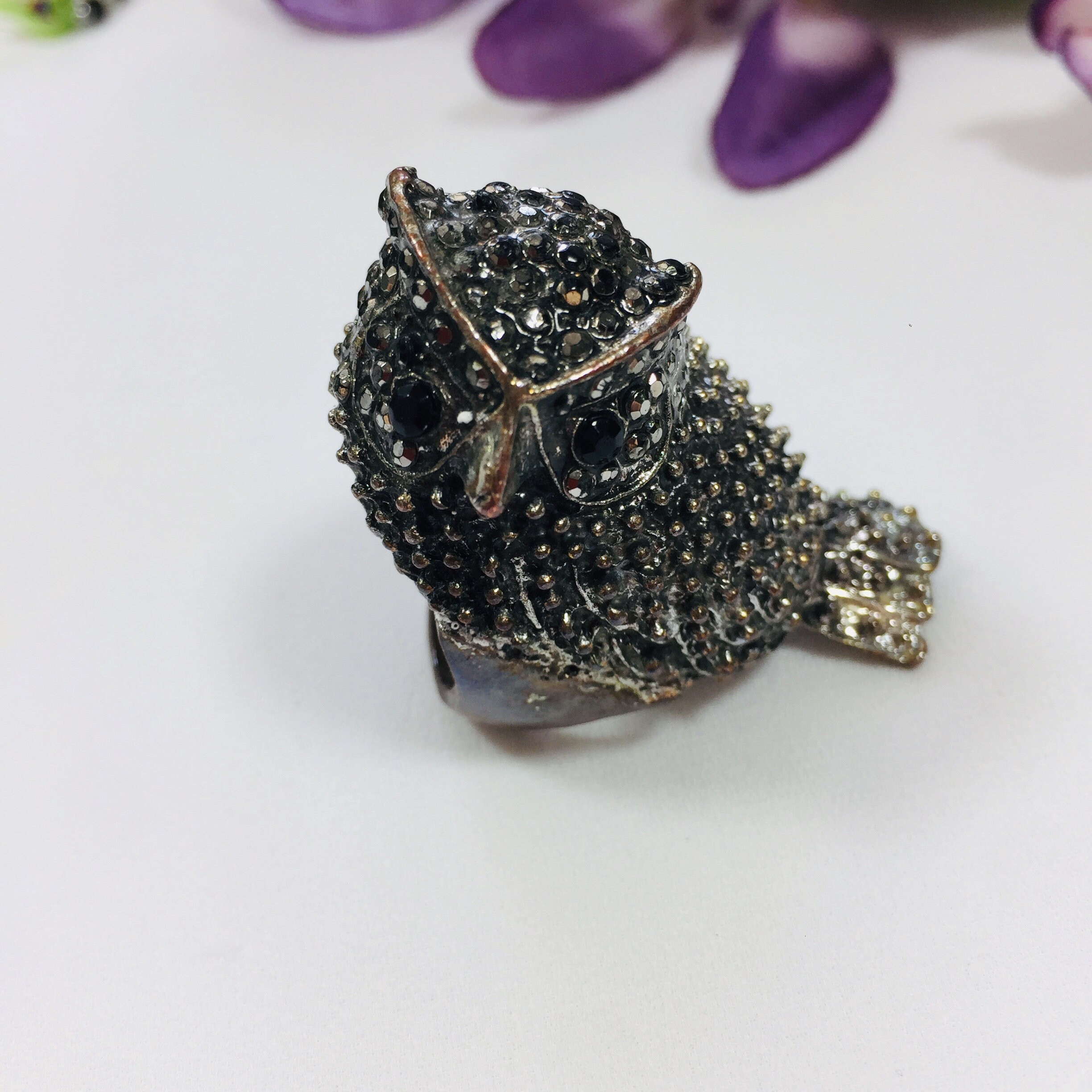 OWL Ring Brass/crystal ring Metal ring size 9 Dark crystal ring