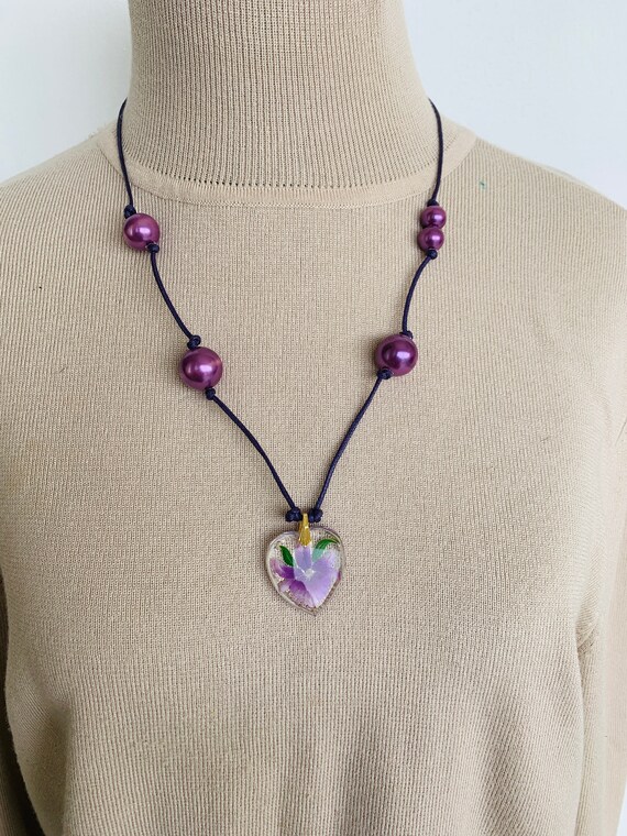 Purple Necklace Pendant glass iris flower Jewelry… - image 2