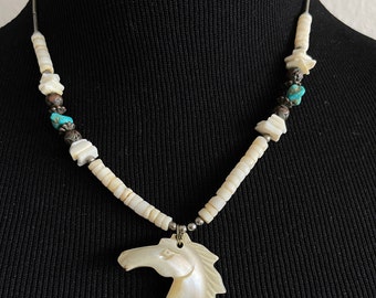 Hand made necklace Mother-of-pearl shells сhoker/pendant horse's head Women's jewelry Gift for women Vintage jewelry Gift for her