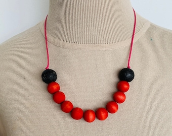 Wood necklace BOHO stile jewelry Hand made necklace Red/black balls necklace