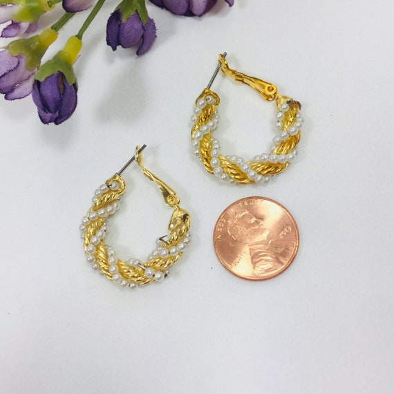 Gold/white hoop earrings Beaded hoop earrings Wom… - image 2