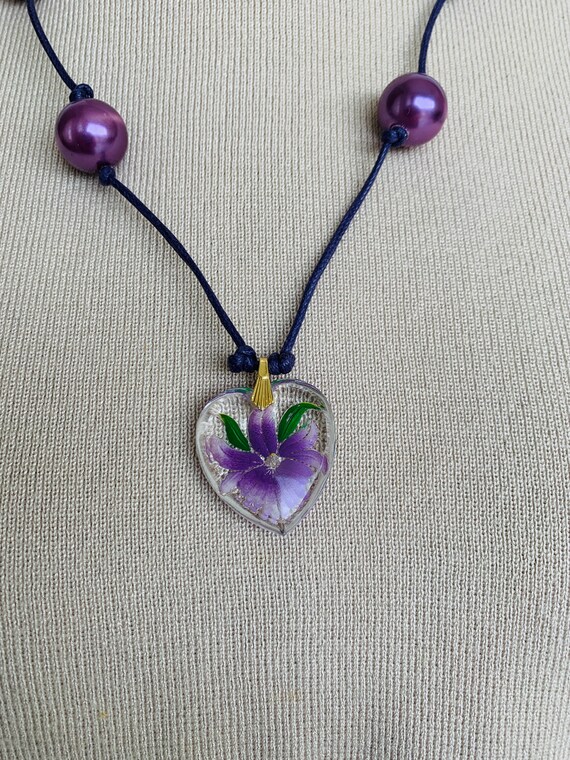 Purple Necklace Pendant glass iris flower Jewelry… - image 10