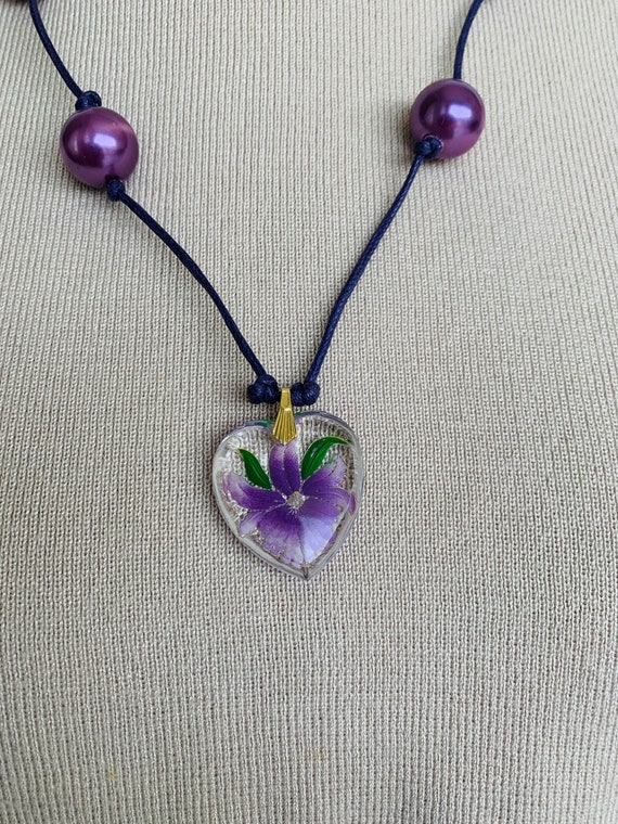 Purple Necklace Pendant glass iris flower Jewelry… - image 1