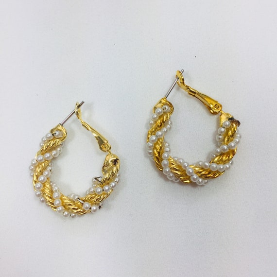 Gold/white hoop earrings Beaded hoop earrings Wom… - image 3
