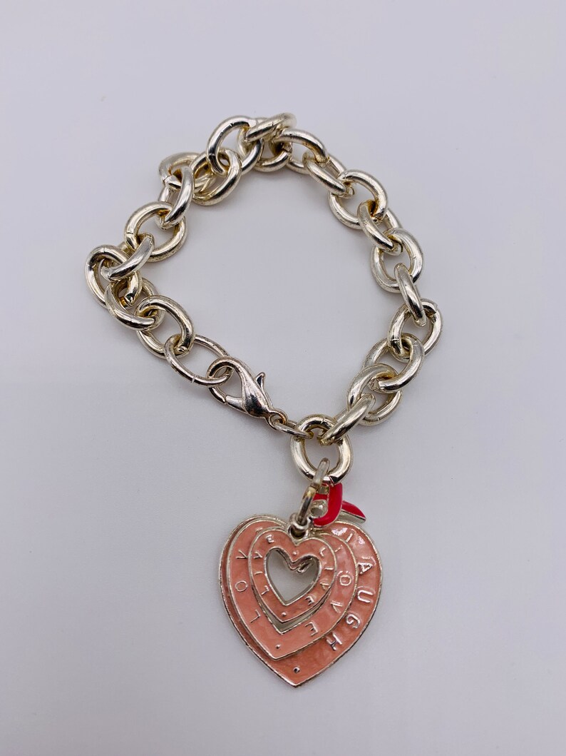 Silver tone metal bracelet Silver bracelet and pink hearts pendant Vintage bracelet image 7