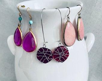 3 pare of earrings Women jewelry Hand made earrings Vintage earrings Pink/Red glass teardrop earrings