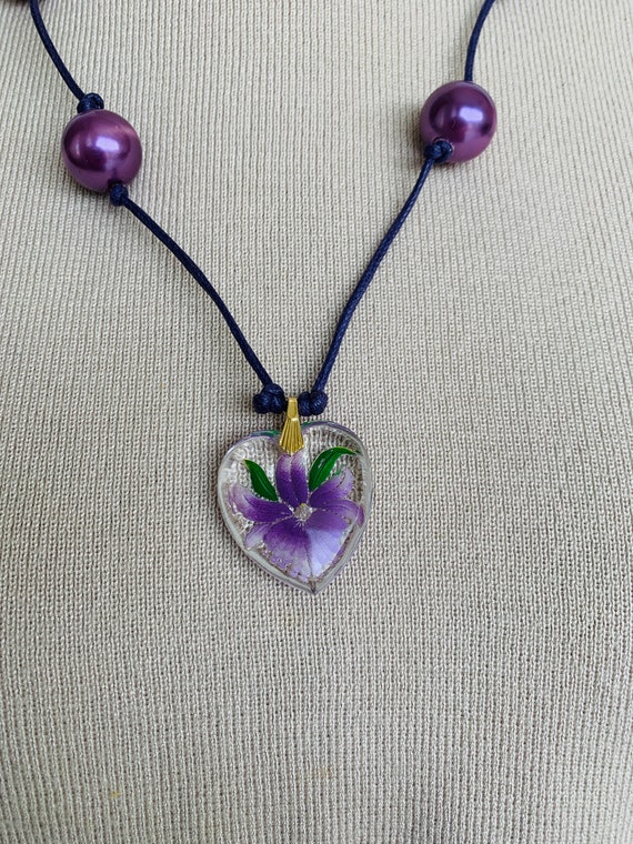 Purple Necklace Pendant glass iris flower Jewelry… - image 4