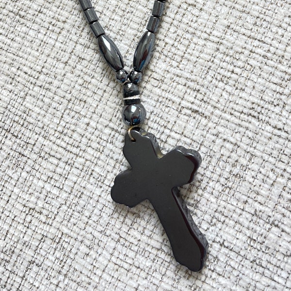 Hematite choker&pendant cross Faux hematite classic necklace Black stone Choker with faux hematite beads Unisex choker