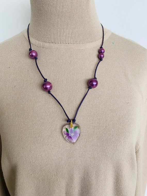 Purple Necklace Pendant glass iris flower Jewelry… - image 9