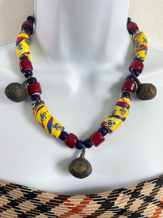 Vintage African Necklace Antique metal/resin/glas… - image 9