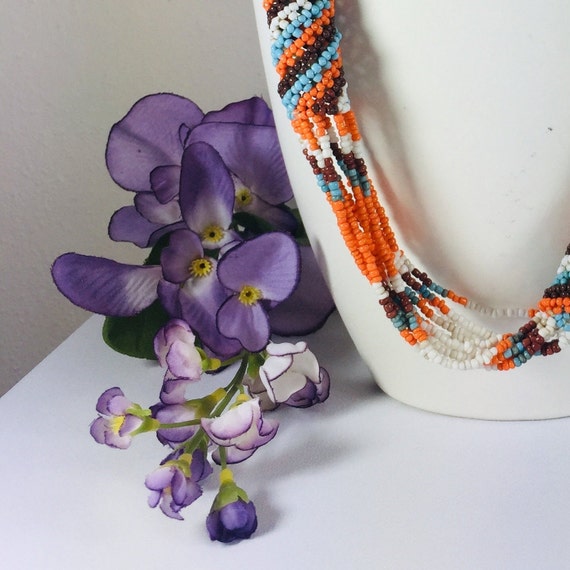 Necklace orange brown white blue seed bead Women … - image 5