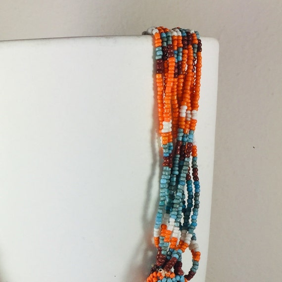 Necklace orange brown white blue seed bead Women … - image 9