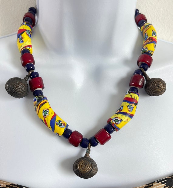 Vintage African Necklace Antique metal/resin/glas… - image 1