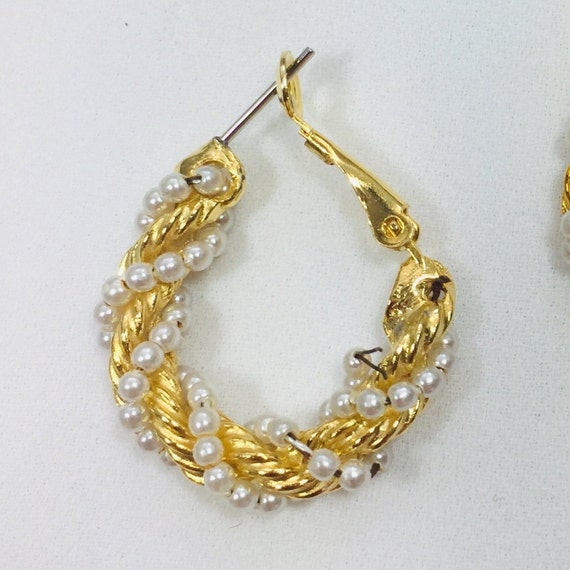 Gold/white hoop earrings Beaded hoop earrings Wom… - image 5