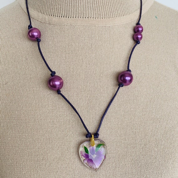 Purple Necklace Pendant glass iris flower Jewelry… - image 5