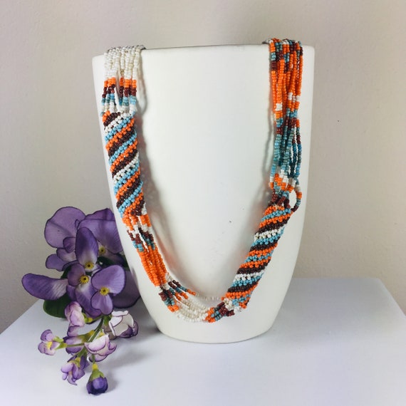 Necklace orange brown white blue seed bead Women … - image 10