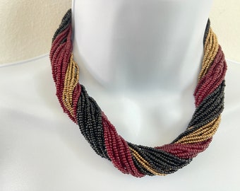 Seed Bead choker Hand made necklace Black dark red gold color beaded choker 16"