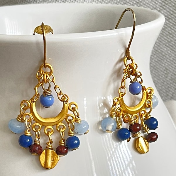 Chandelier earrings Multi color balls dandle earrings Gold tone metal earrings Women jewelry Hand made earrings