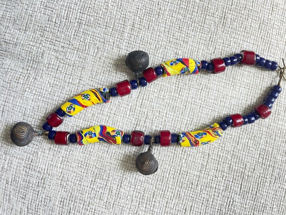 Vintage African Necklace Antique metal/resin/glas… - image 5