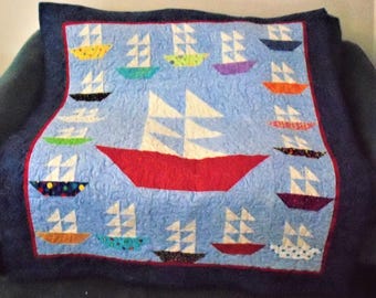 Pieced Reversable Sailboats/Vehicles Quilt:  50x58 Homemade Bedding