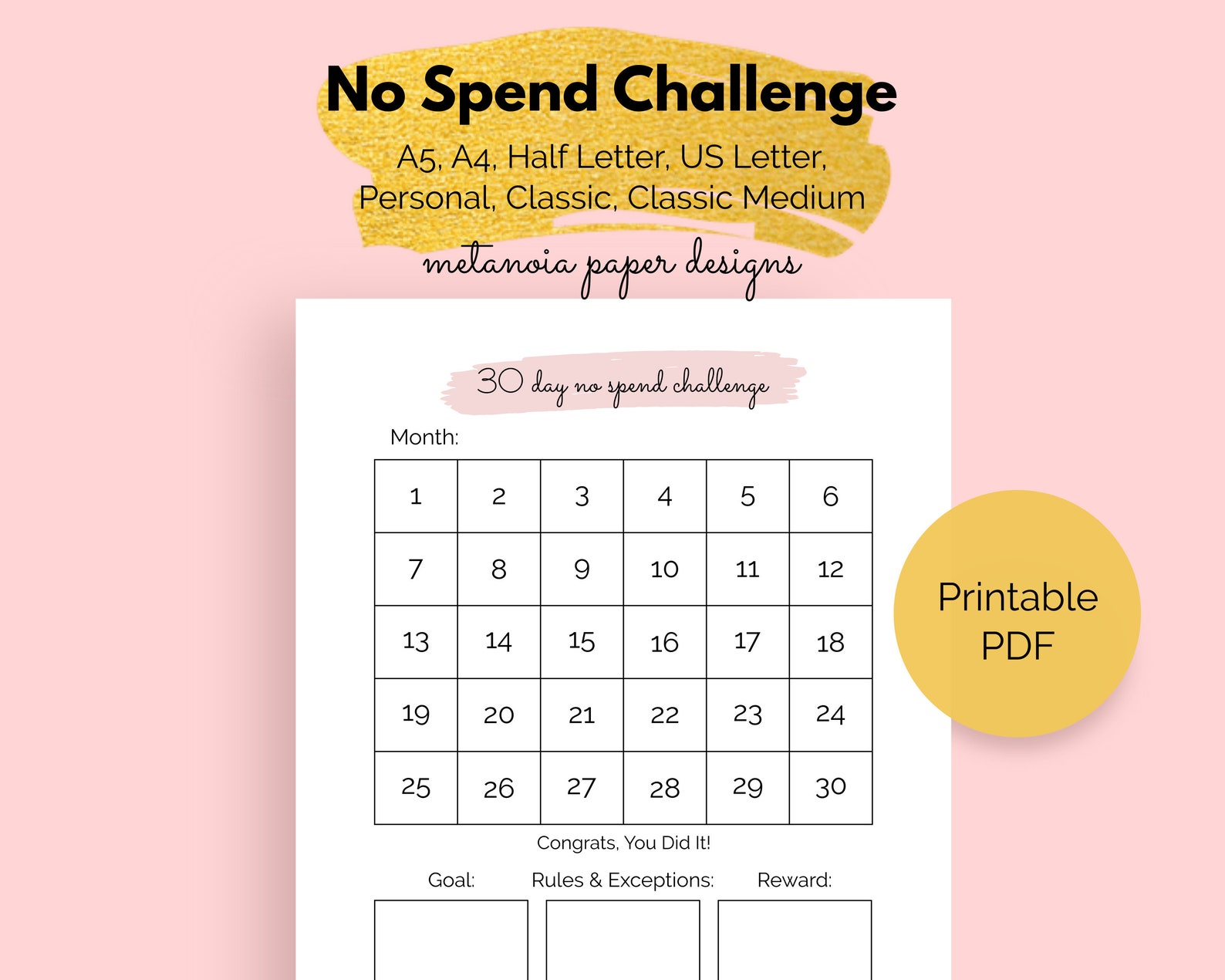 No Spend Challenge Printable Insert No Spend Tracker 30 Day Etsy