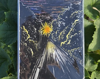 Buffalo Nights Original Lino Print, Watercolor Embellishment