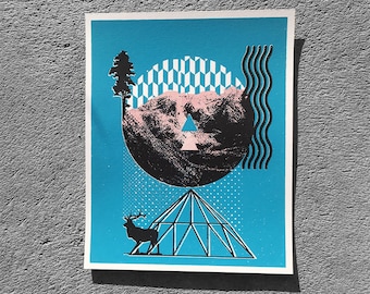 May include: A blue and black geometric print with a pink mountain, a black tree, a black deer, and a white geometric structure.