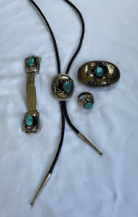 Vintage 4 Piece Navajo Sterling Turquoise Horn Bolo Tie  display picture 3