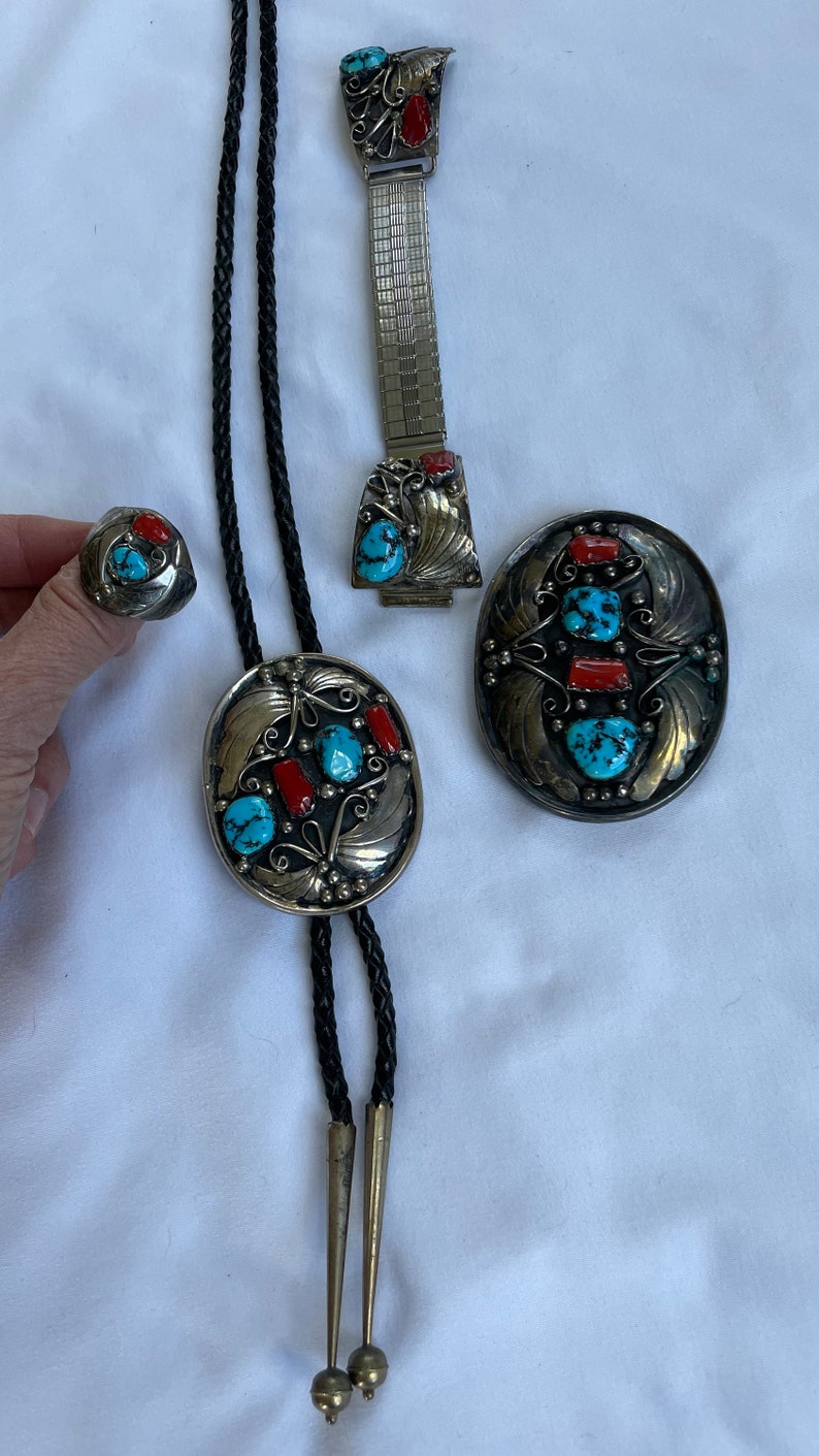 Vintage 4 Piece Navajo Sterling Turquoise Coral Bolo Tie - Etsy