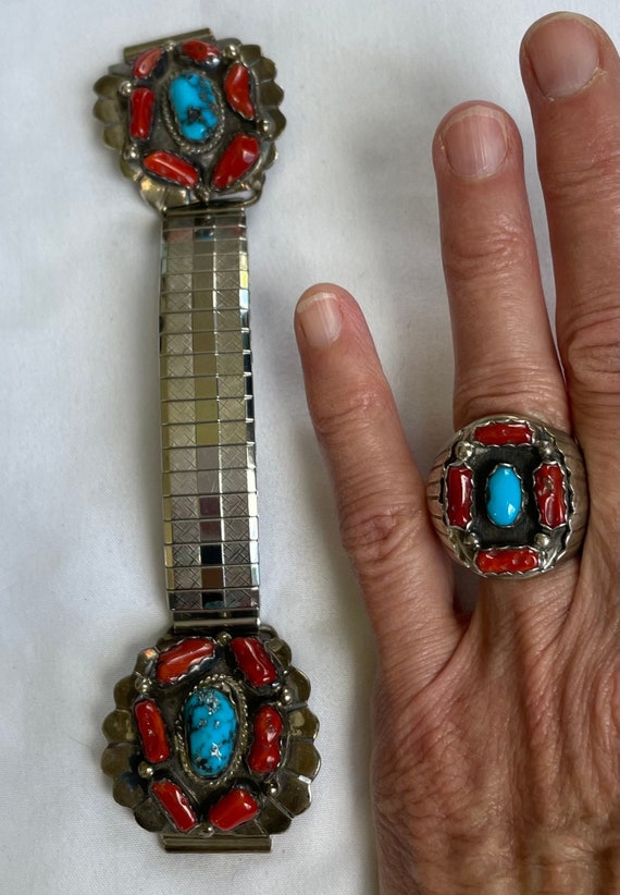 Vintage 2 Piece Navajo Sterling Turquoise Coral Wa