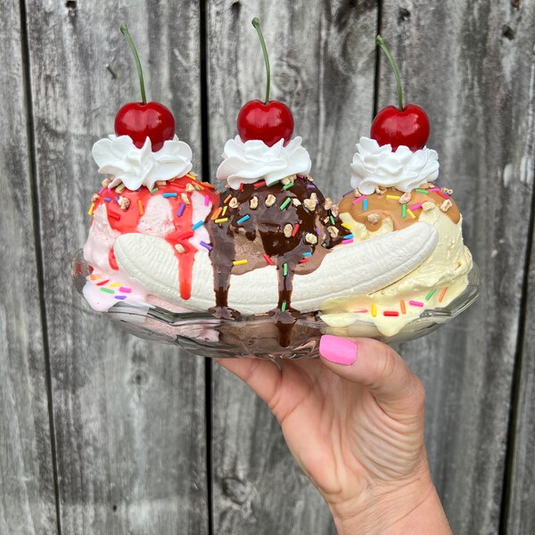 Fake banana split,fake ice cream, summer decor, kitchen decor, photo props, party decor, fake sweets