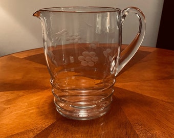 Vintage Etched Glass Pitcher With Berry/Vine Design