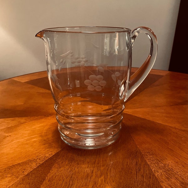 Vintage Etched Glass Pitcher With Berry/Vine Design