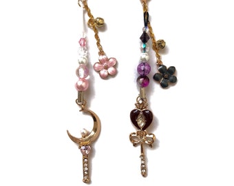 Kawaii Moon & Heart Wand Phone Charm/Dust Plug - Phone, Switch Charm, Keyring