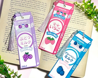 Kawaii Japanese Fruit Milk Bookmark - Stationary, Reading, Book, Gift, Tassel Strawberry, Blueberry, Grape
