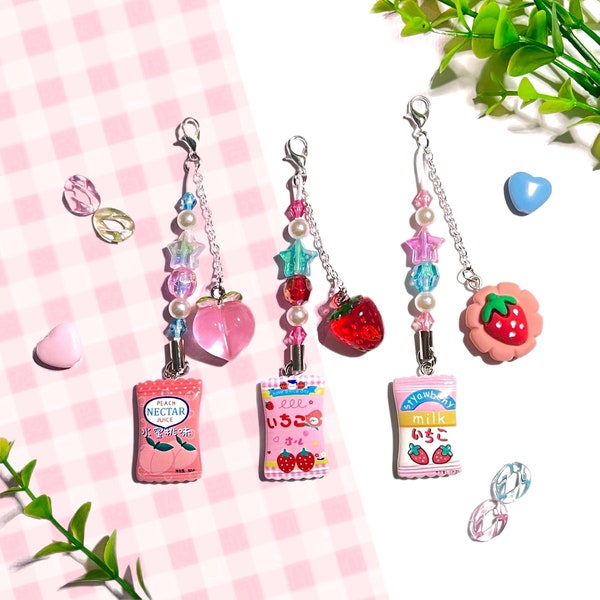 Charm pour téléphone Kawaii Fruit Snacks, pêche et fraise, breloque pour téléphone/fiche anti-poussière - breloque pour téléphone, interrupteur, porte-clés